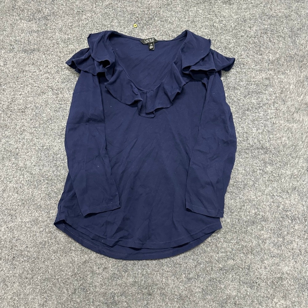 Lauren Ralph Lauren Top Womens Size L Navy Blue Ruffle V-Neck Long Sleeve Cotton